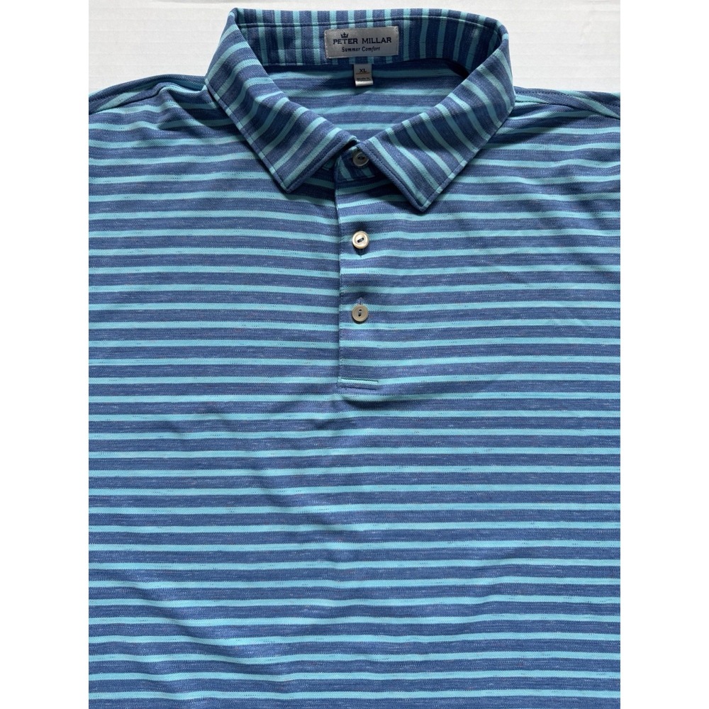 Peter Millar Summer Comfort Men's XL Blue Striped Performance Golf Polo Shirt - Picture 3 of 5